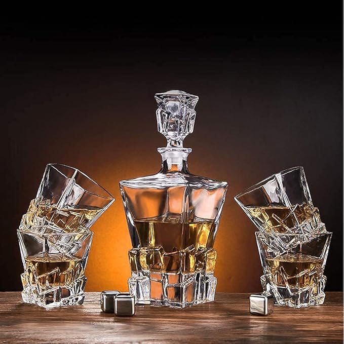 Whiskey Decanter Glasses Set Lead-Free Crystal Glass Scotch Tasting Cups Wine Bottle for Drinking Irish Whisky Bourbon Tequila tumbler (Ice cubes, 1 Decanter & 6 Glasses Set)