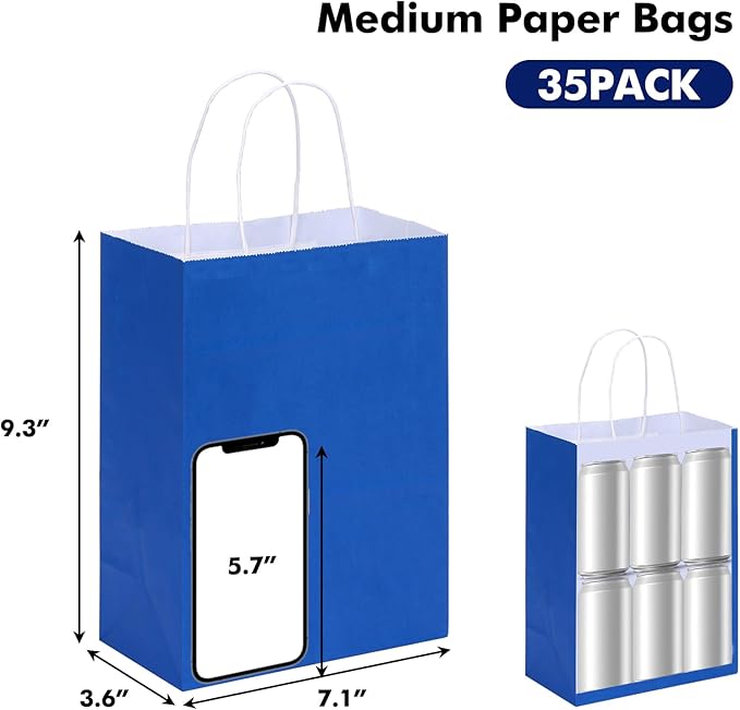 OUTUXED 35pcs Blue Gift Bags, Kraft Paper Bags with Handles, 7.1x3.6x9.3in Medium Size Blue Paper Bags for Retail, Gift Wrapping, and Shopping