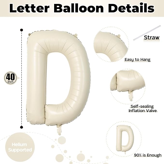 Cream Name Balloon Letters, Large Mylar Helium Alphabet D Custom Balloon Letter Beige Decor, 40 Inch Inflatable Sand White Letter D Foil Customize Balloons for Girls Birthday Party Decoration Supplies