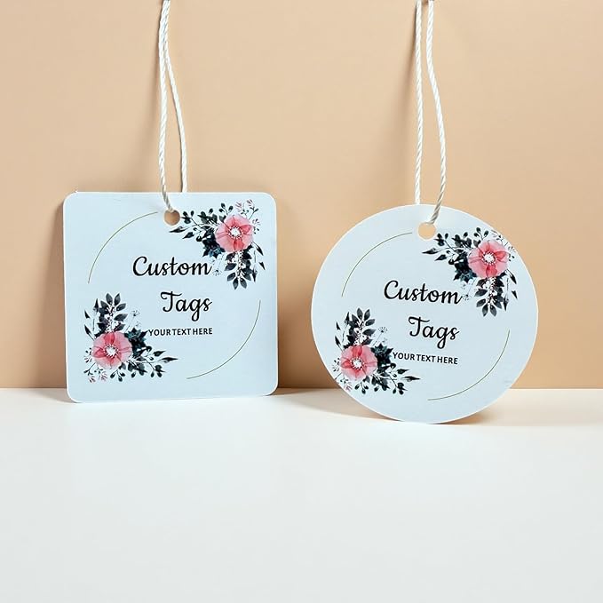 Personalized Gift Tags, Square Round Paper Thank You Tag for Wedding Baptism Birthday Favors, Custom Hang Tags with Your Text and String (Design9)