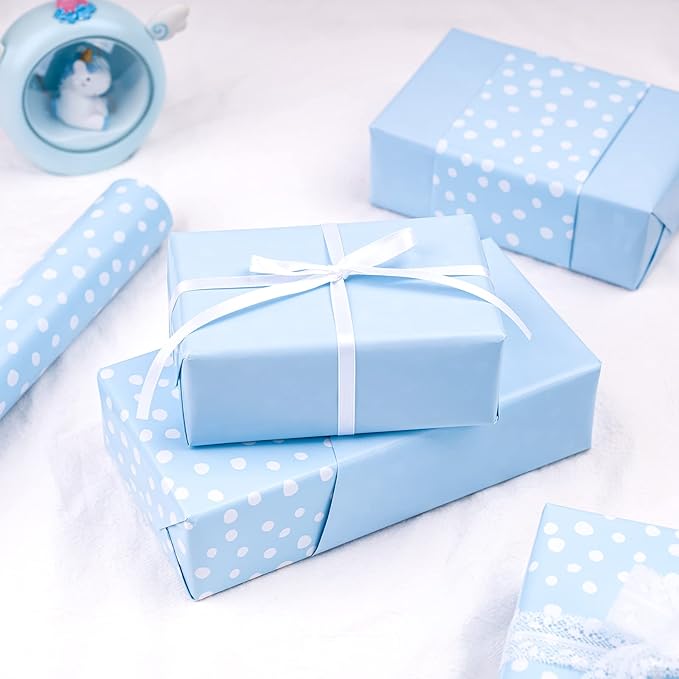 WRAPAHOLIC Reversible Wrapping Paper - Mini Roll - 17 Inch X 33 Feet - Light Blue and Delicate Polka Dots Design for Birthday, Holiday, Wedding, Baby Shower