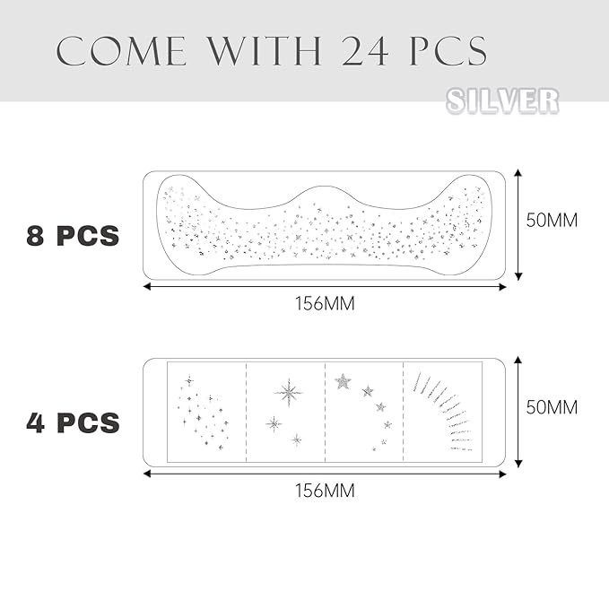 Glitter Freckles, 24PCS Glitter Freckles Face Tattoo, Sparkle Freckles for Women, Waterproof Gold Temporary Face Tattoos Glitter Glow Up Patches Makeup Patches (Silver)