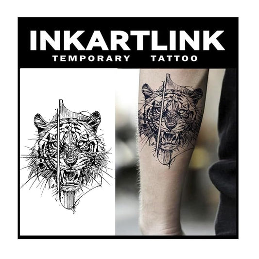 INKARTLINK Tattoo Tech, 2 Sheets Large Semi Permanent Tattoo, Adult Art Design Temporary Tattoos, Lasts 1-2 Weeks, Waterproof, Realistic Look, No Adhesive, No Reflection (Tiger Design)