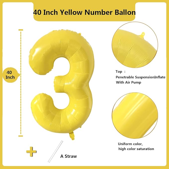 40 inch Yellow Number Balloon Giant Foil Helium Balloons Number 3 Balloon for 3rd Birthday Party Decorations