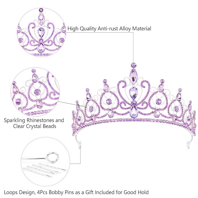 TODDER Purple Tiara for Women Girls Rhinestone Princess Queen Crowns Crystal Headband for Girls Wedding Hair Accessories for Bridal Birthday Party Prom Halloween Cosplay Holidays