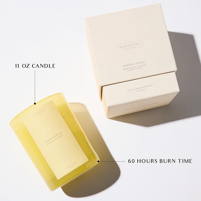 Bergamot & Jasmine Scented Candle | 11oz, 60 Hour Burn | Natural Soy Wax, Cotton Wick | Holiday Candles | Christmas Scented Candles for Home | Benevolence LA Sun-Kissed Collection - Morning Ritual