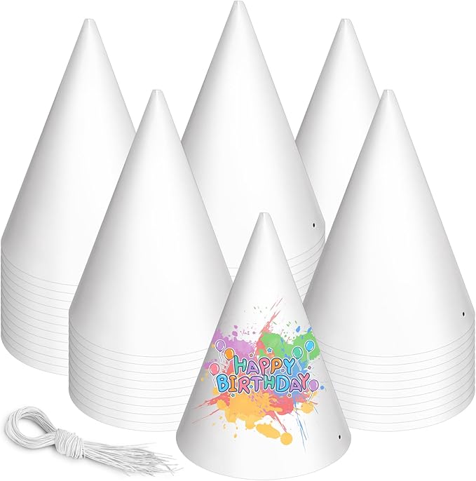 White Paper Party Hats for Kids Birthday,Decorative Bulk Cone Crafts for Adults Art DIY, Halloween Supplies（20/40/60）