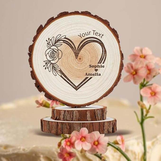 Personalized Rustic Wedding Cake Topper in Wood Custom Wedding Cake Topper with Names & Date Love Heart Shape Wooden Decorations Handmade Wood Slices Engarved with Couple Name Roses Flowers