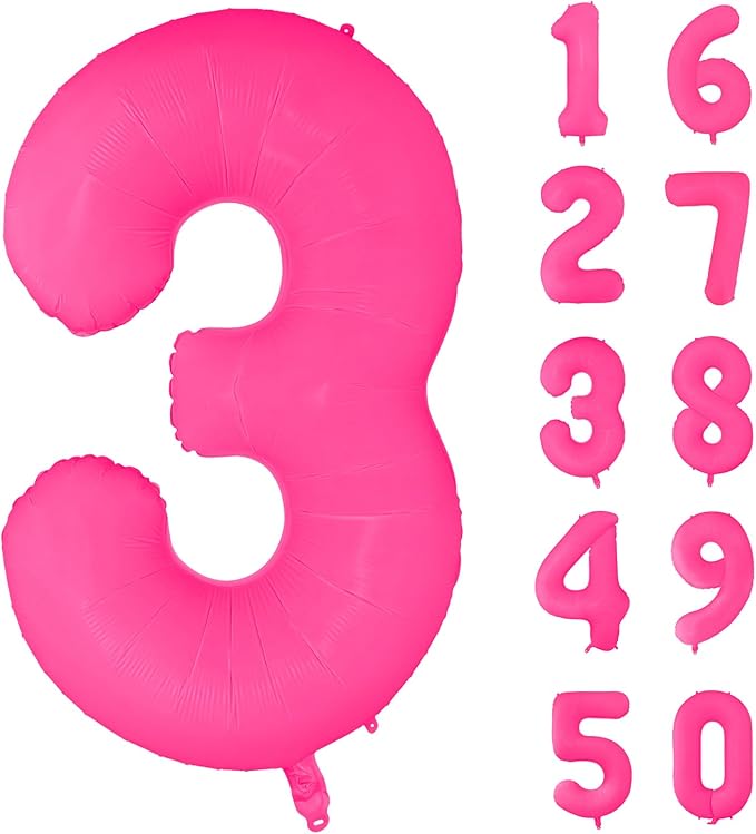 Fluorescent Rose Red Number Balloon 40 inch Giant Foil Helium Balloons Pink Number 3 Balloon for 3rd Birthday Party Decorations