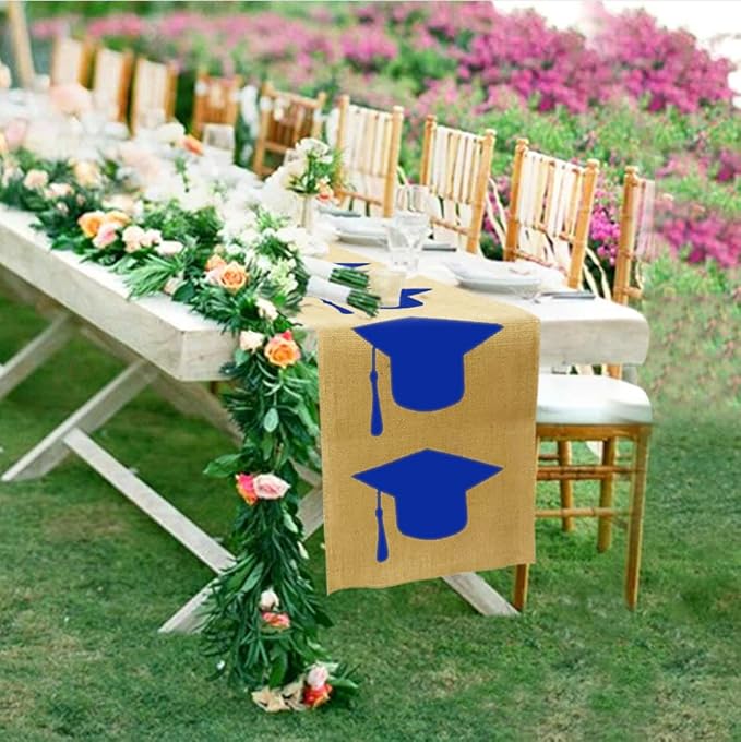 Burlap Graduation Table Runner 72 Inch - Rustic Decorations for Tabletop Centerpiece Decor Idea 2022 Party Supplies Cloth (Navy Blue) 1