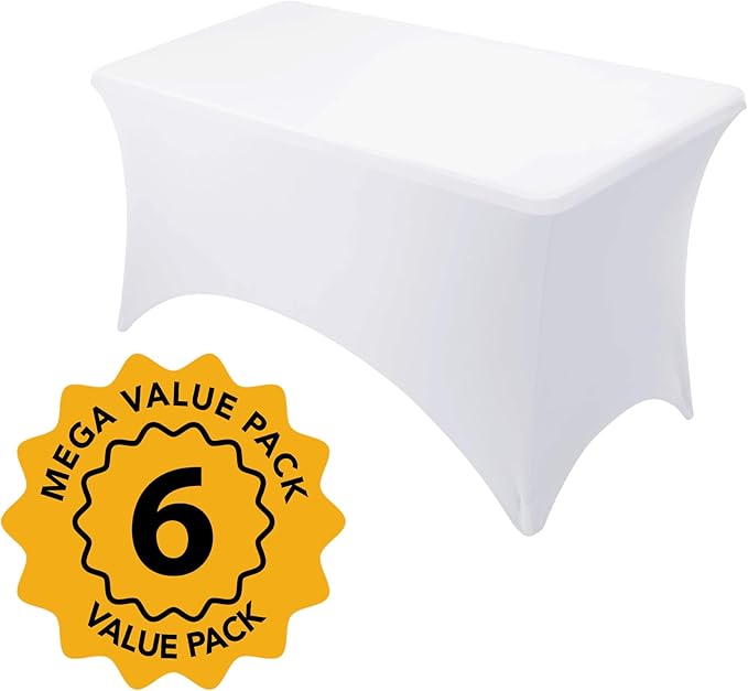 6-Pack Premium White Spandex Tablecloths for 4ft Rectangle Tables, Stain & Wrinkle-Resistant, Washable Stretch Polyester Fitted Table Cover for Weddings, Banquets, Trade Shows Events