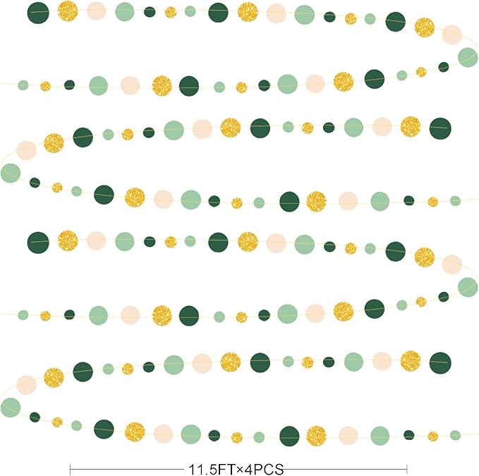 Sage Green Gold Beige Party Polka Dot Garlands Oilve Green Glitter Gold Hanging Paper Circle Dots Streamer for Baby Shower Birthday Wedding Engagement Retirement Boho Safari Party Decorations Supplies