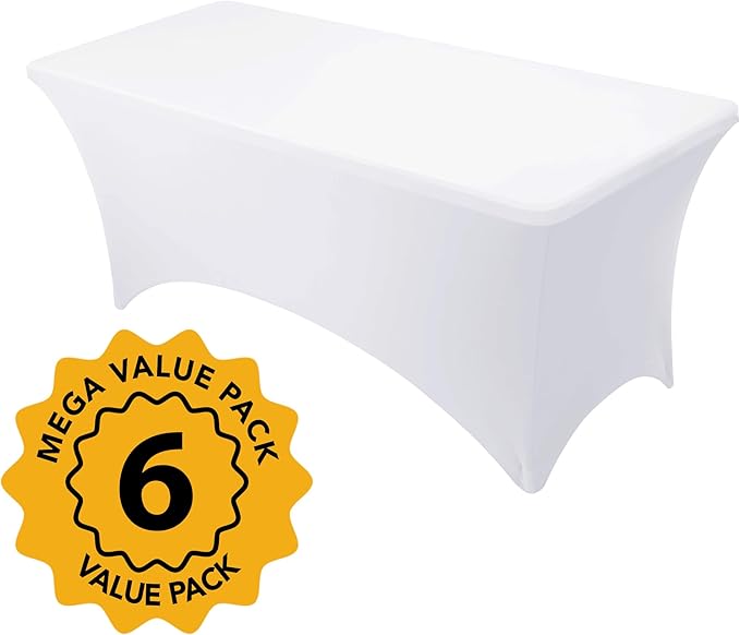 6-Pack Premium White Spandex Tablecloths for 6ft Rectangle Tables, Stain & Wrinkle-Resistant, Washable Stretch Polyester Fitted Table Cover for Weddings, Banquets, Trade Shows Events