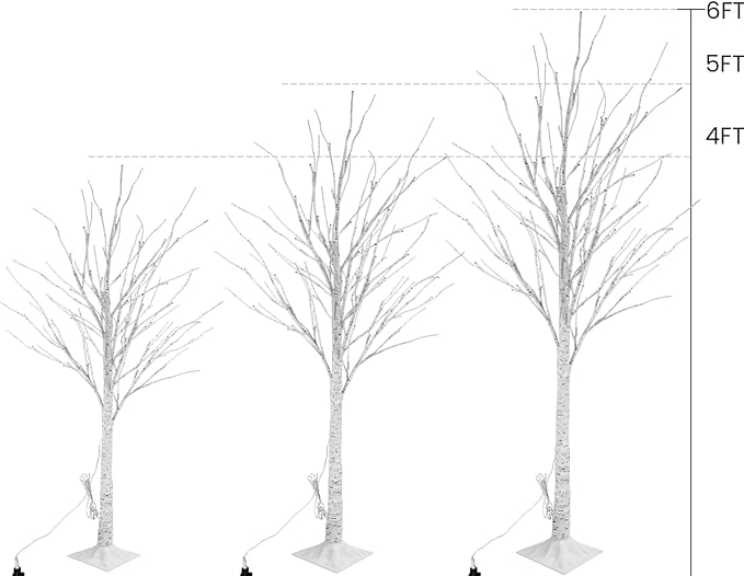 AWQM Lighted Birch Tree for Christmas Decor, Pack of 3 Prelit Christmas Tree 4ft 5ft 6ft, Warm White Christmas Tree for Indoor Christmas Decorations. (White)