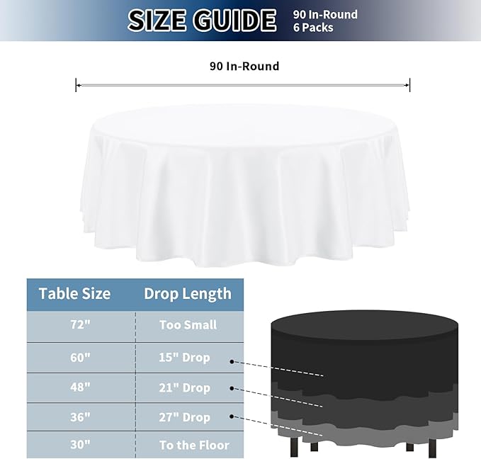 PureFit 6 Pack White Round Table Cloths 90 Inch, Stain and Wrinkle Resistant Table Linen for Round Table, Polyester Table Covers for Dining Table, Wedding, Party, Banquet and Camping