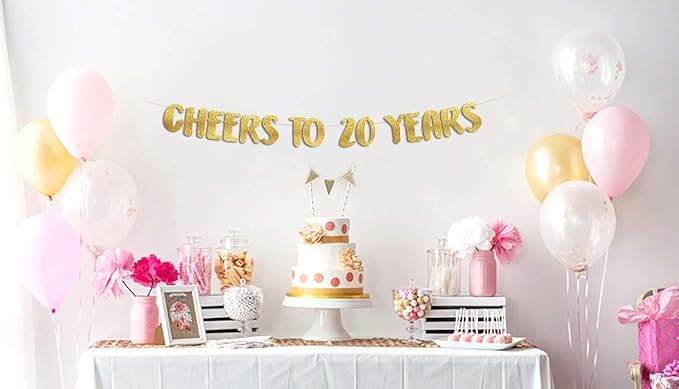 Cheers to 20 Years Gold Glitter Banner - 20th Anniversary and Birthday Party Decorations