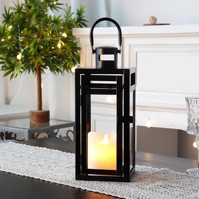 TRIROCKS Set of 2 Metal Candle Lantern 12'' High Decorative Outdoor Lantern Hanging Lantern with Tempered Glass for Christmas Home Living Room Parties Events Tabletop Indoors Outdoors(Black Matte)