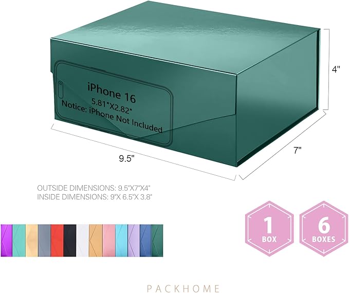 PACKHOME 6 Christmas Gift Boxes 9x6.5x3.8 Inches, Rectangle Collapsible Boxes with Magnetic Lids for Xmas Gift Packaging (Glossy Dark Green)