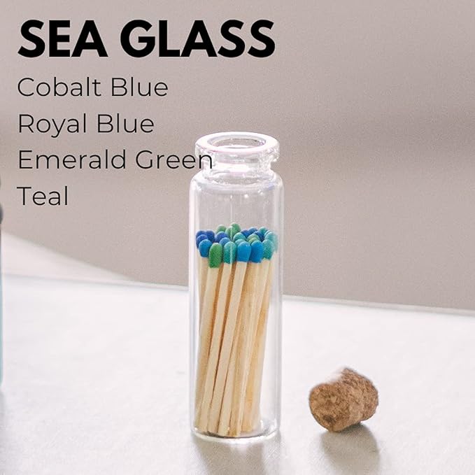 River Birch Decorative Matches in a Bottle with Striker - Cute & Colored Matches - 3 Bottles, Sea Glass Tip, 60 Matches