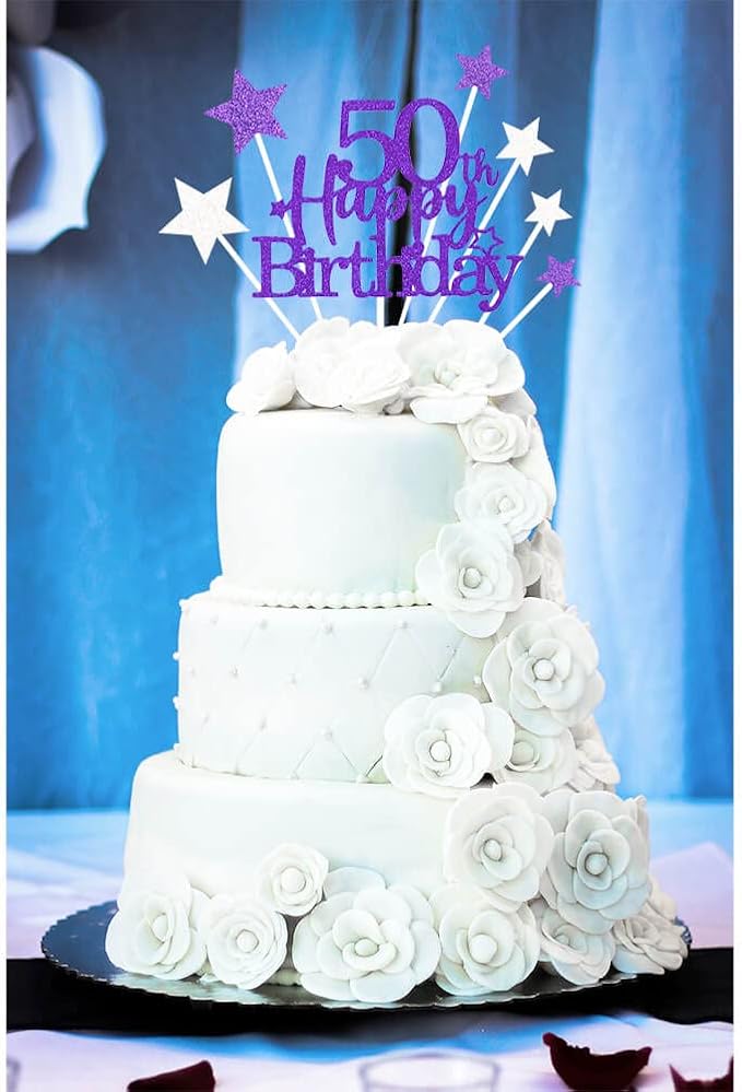 Glittery 50th Happy Birthday Cake Topper with Star,Personalised 50 Birthday Cake Toppers Party Decorations Party Supplies for Men Women Purple Silver