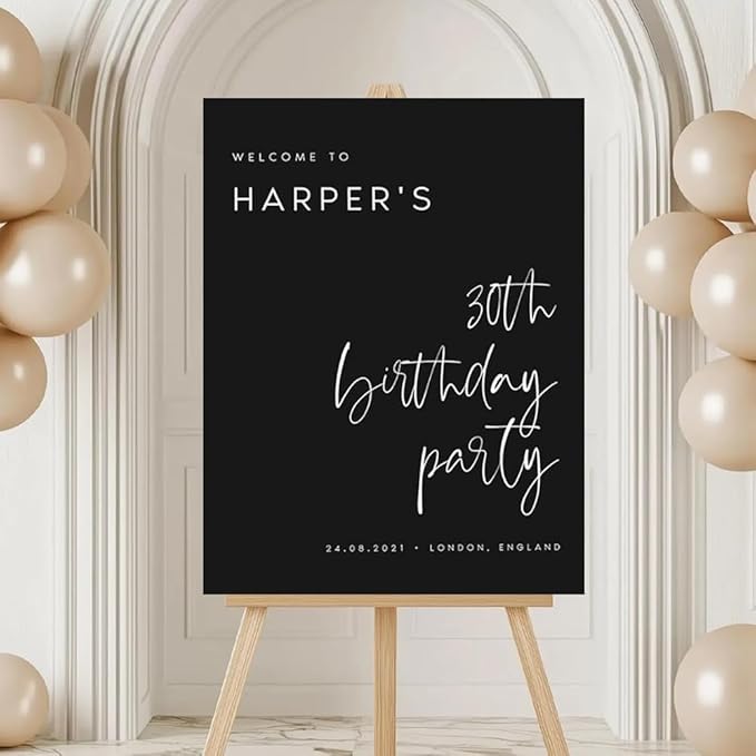 Modern Calligraphy Black Birthday Welcome Sign Template, Printable Dark Birthday Welcome Sign