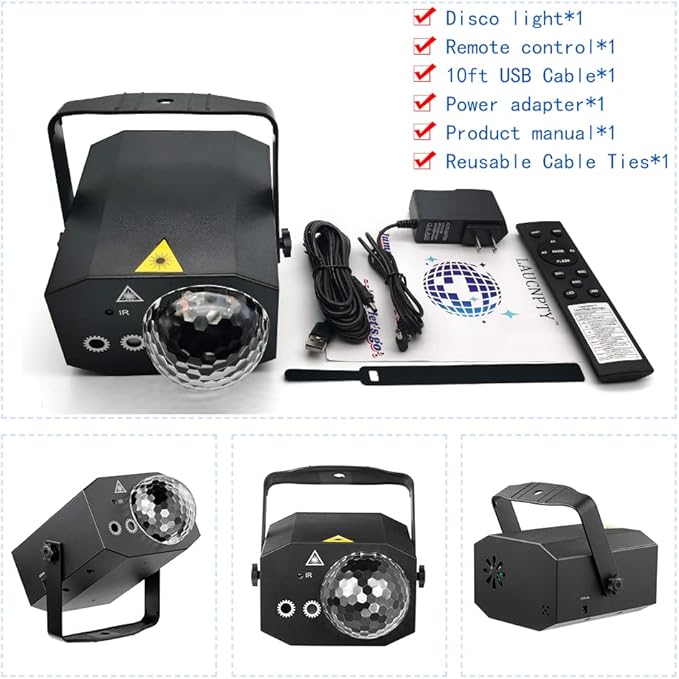 Dj Party Disco Ball Lights with Pattern and Sound Activated,10 ft USB Cable, Laucnpty LED Stage Strobe Light that Sync with Music, Christmas Rave/Home Karaoke/Dance/Club Bar Lights for Parties (Black)