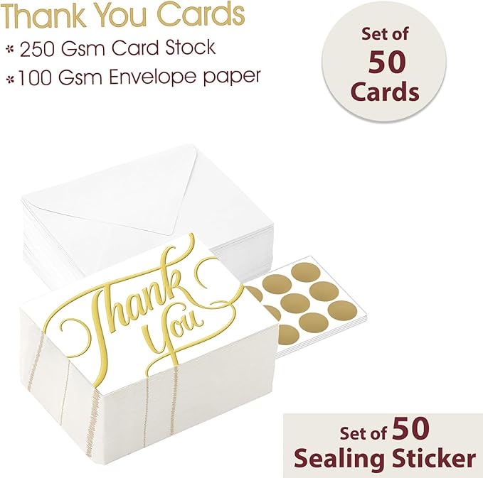 easykart labels 50 PCS Thank You Cards with Gold Foil, 5.5" x 4", Thank You Notes, Ivory Cards With Envelopes for Wedding, Business, Baby Shower, Small Business, Funeral, Graduation