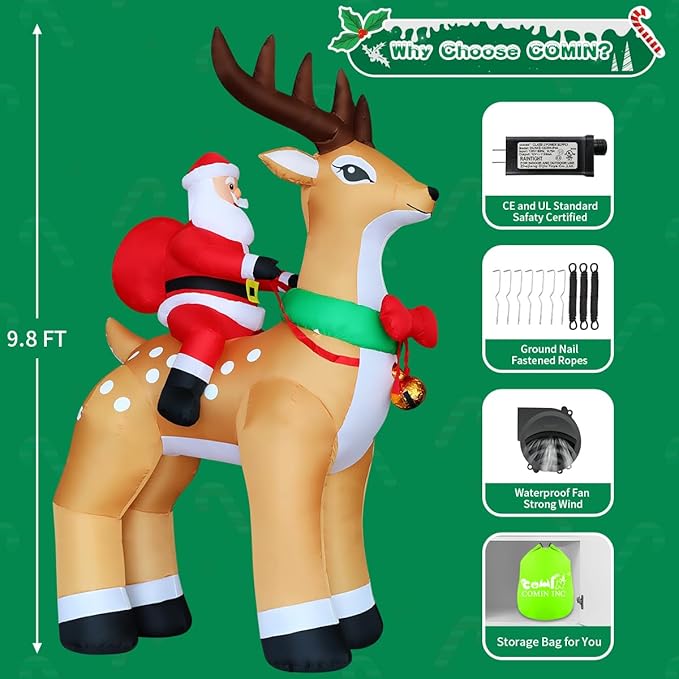 COMIN 9.8 FT Christmas Decorations Outdoor Inflatables Santa Claus Riding Reindeer Blow ups with Built-in LEDs for Yard Party Lawn Decor