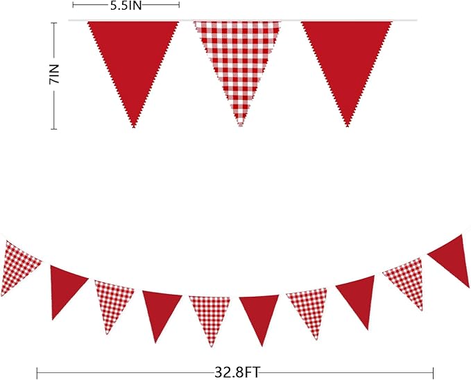 32Ft Red Gingham Party Decorations Red White Plaid Checkered Triangle Flag Pennant Fabric Garland for Birthday Baby Shower Carnival Picnic Pizza Hot Dog Farm Apple Italian Summer Party Supplies