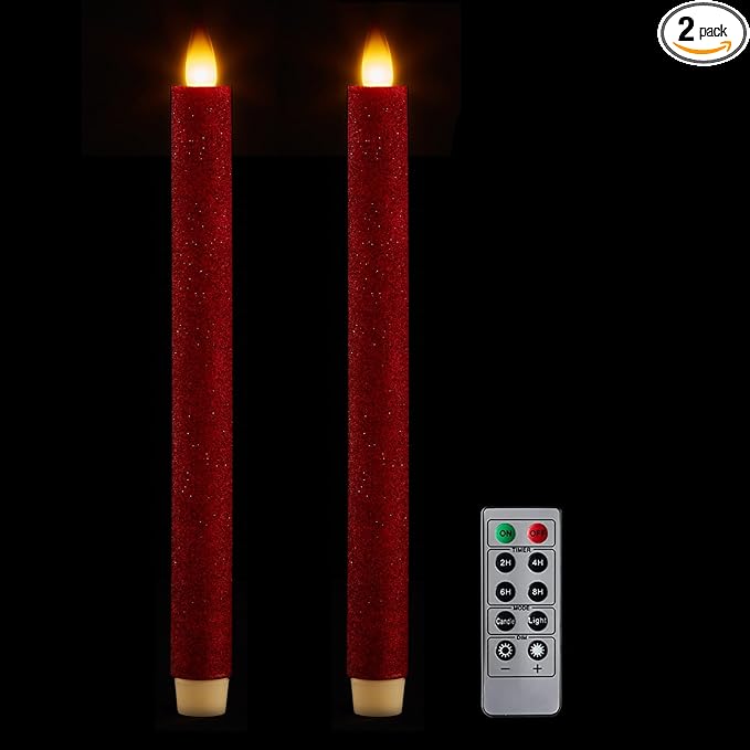 Flameless Taper Candles Flickering with Remote and Timer, 3D Moving Flame Taper Candle Battery Operated to 400 Hours, 9 Inch Window Candles, (Glittter Red)