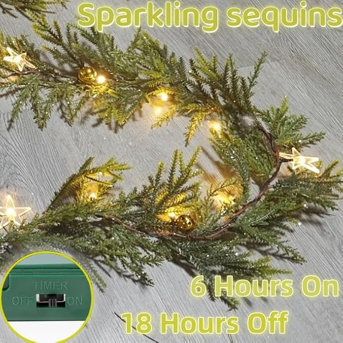 6FT Artificial Christmas Garland, Faux Evergreen Garland with Golden Bell and Star, Pre-lit Battery Operated with Timer for Indoor Outdoor Party Holiday Decor