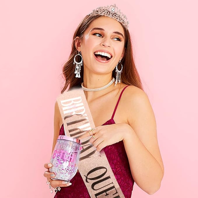 AOPRIE Birthday Crown and Queen Sash - Rose Gold Tiara for Women, Princess Crown With Rhinestone - Happy Birthday Accessories Party Favor