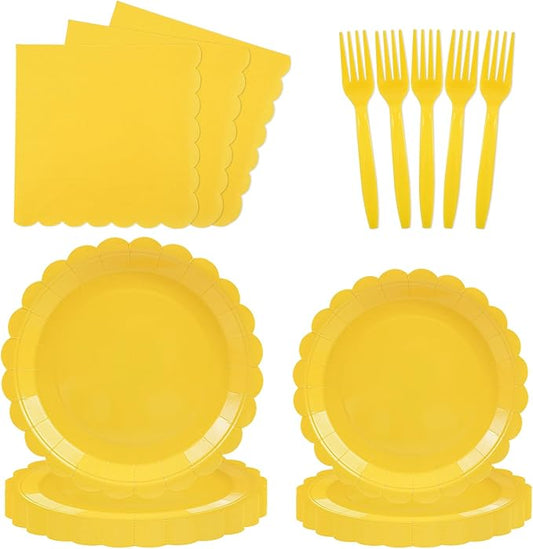 96PCS Yellow Paper Plates and Napkins, 24 Guest Light Yellow Disposable Tableware Set Include Scalloped Paper Plates Napkins and Forks Decoration Party Supplies for Birthday Wedding Baby Shower
