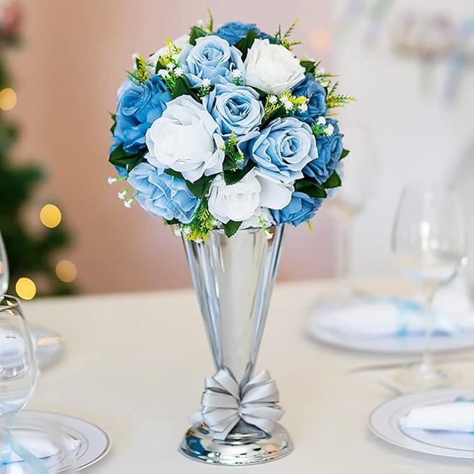 10Pcs Artificial Flower Ball Arrangement, Fake Floral Centerpieces Wedding Roses Bouquet for Parties Valentine's Day Wedding Centerpieces and Home Decor (Blue & White)