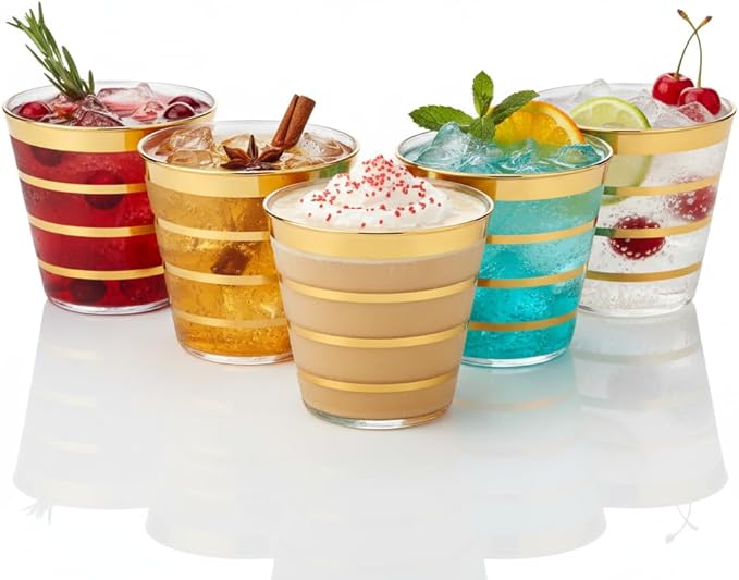 Perfect Settings 110 Gold 4 Line Clear Plastic Cups 9oz - Holiday Wedding Party Elegant Trimmed Disposable Cups, 4 Line Gold Party Cups