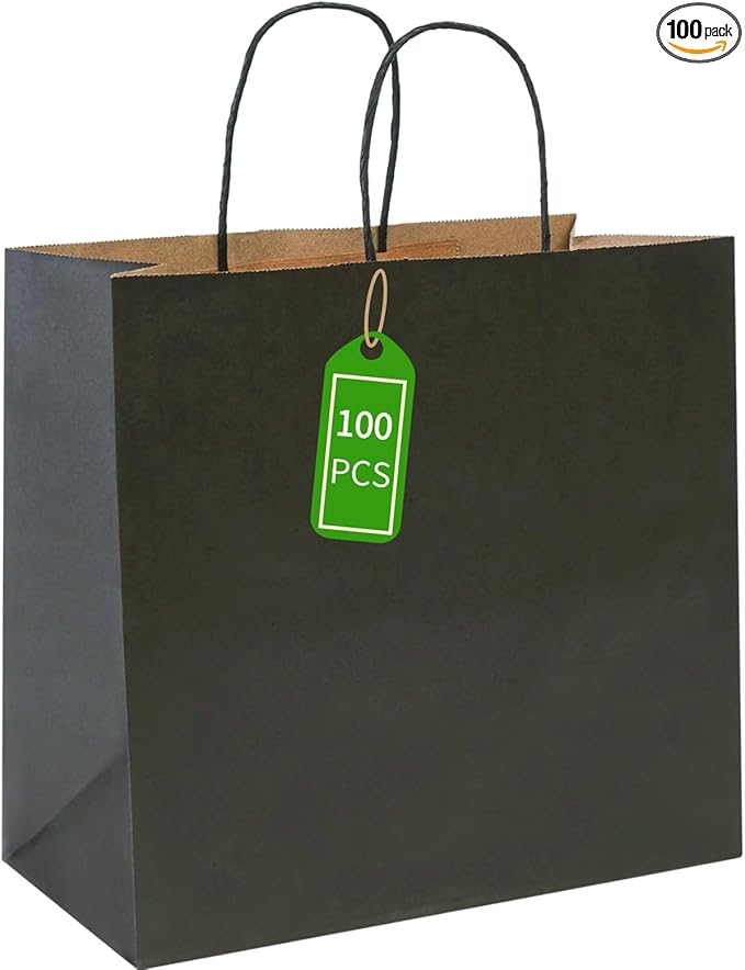 PAICUIKE 100Pack Kraft Paper Bags 13x7x13Inch Black Large, Kraft Shopping Bags, with Handles, for Business Merchandise, Wedding Party Favor Bag, Paper Bag, Bulk
