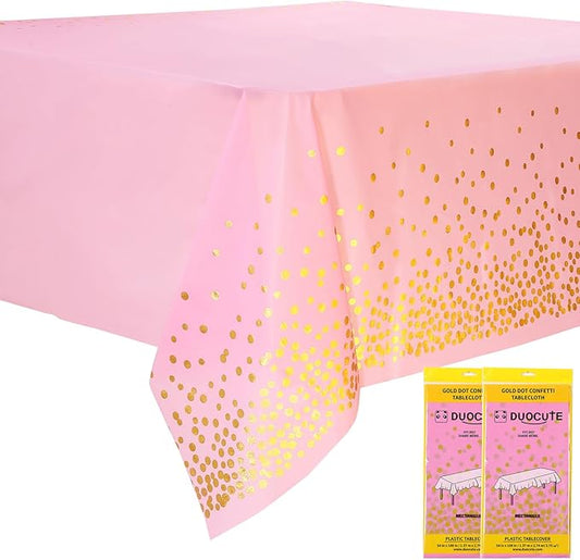 Pink and Gold Disposable Party Tablecloth for Rectangle Table, Gold Stamping Dot Confetti Rectangular Plastic Table Cover, for Bachelorette, Girl Birthday and Baby Shower, Wedding 108"x54" 2 Packs