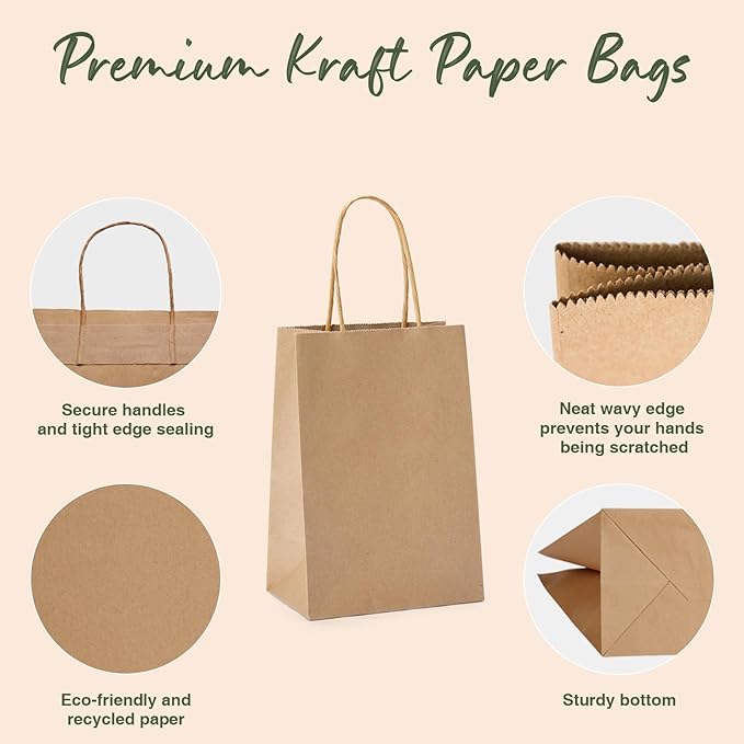 GSSUSA 5.25x3.75x8 50Pcs Brown Paper Bags,Small Gift Bags,Brown Paper Gift Bag for Small Business,Sturdy Kraft Paper Bags, Retail Shopping,Birthday,Candy
