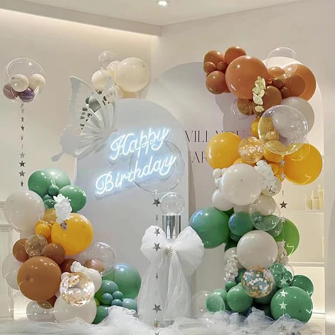 Brown Yellow Green White Balloon Arch Kit, 156Pcs Caramel Brown Mustard Yellow Sage Green White Sand Balloons Garland for Boho Safari Jungle Woodland Birthday Baby Shower Wedding