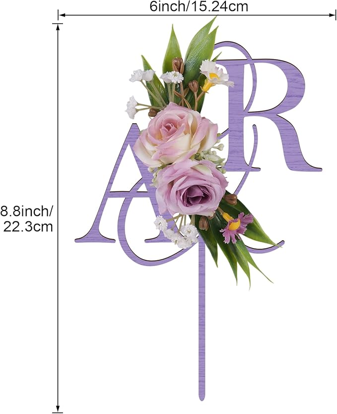 Wedding Cake Topper with 3D Artificial Flowers and Green Leaves Custom Initials Personalized Wooden Anniversary Cake Decoration (Lavender)