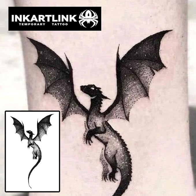 INKARTLINK Temporary Tattoos, 2 Sheets Medium Semi Permanent Tattoo Adult Art Design Waterproof Temp Party Favors Tattoo Stickers Realistic Look, No Adhesive, Lasts 1-2 Weeks Black (Dragon)