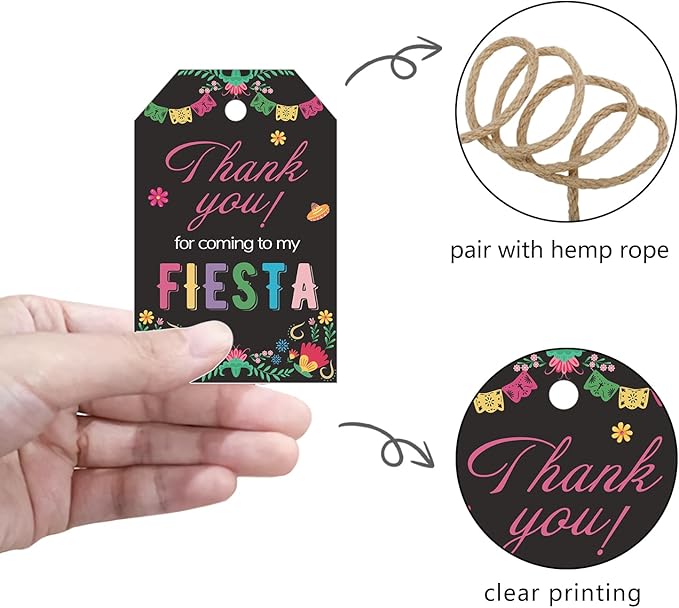 Aukolass 50PCS Fiesta Gift Tags, Thank You Tags for Mexican Themed Party Favors and Taco Bout Party Decorations-Double-sided (Black)