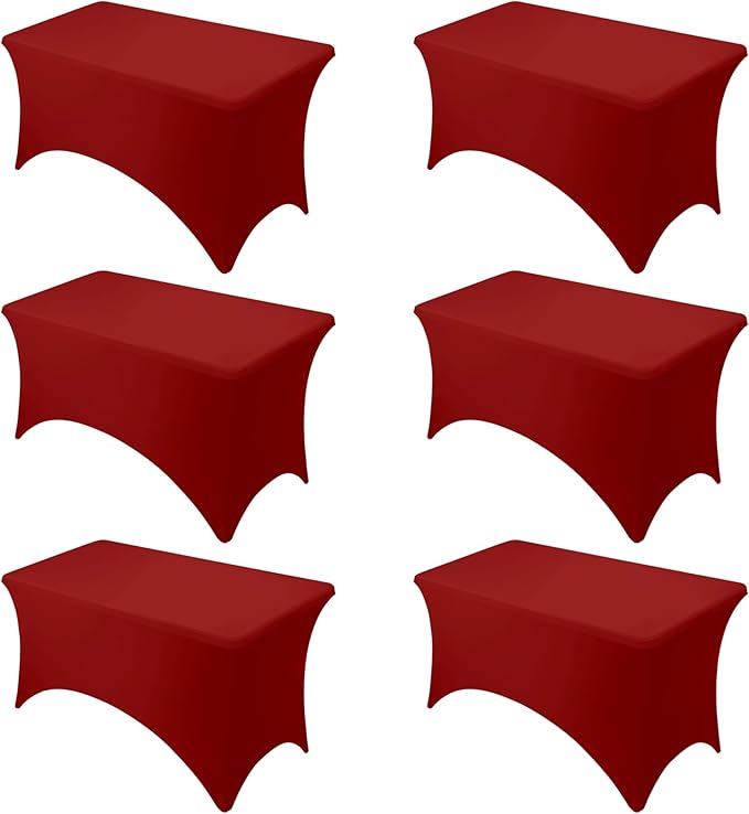 6-Pack Premium Red Spandex Tablecloths for 4ft Rectangle Tables, Stain & Wrinkle-Resistant, Washable Stretch Polyester Fitted Table Cover for Weddings, Banquets, Trade Shows Events