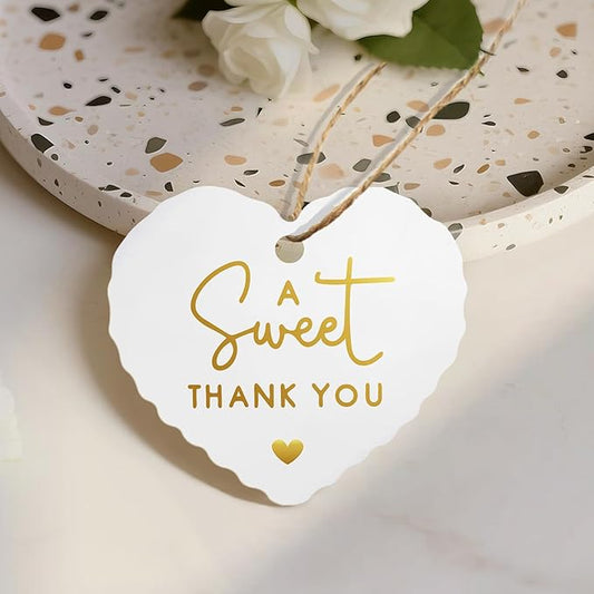 50pcs Gold Foil Thank You Tags with String, Pre-Punched Hole Gift Tags with String - Perfect for Weddings, Baby Showers, Parties, Celebrations - A Sweet Thanks You(2.36"*2.16")