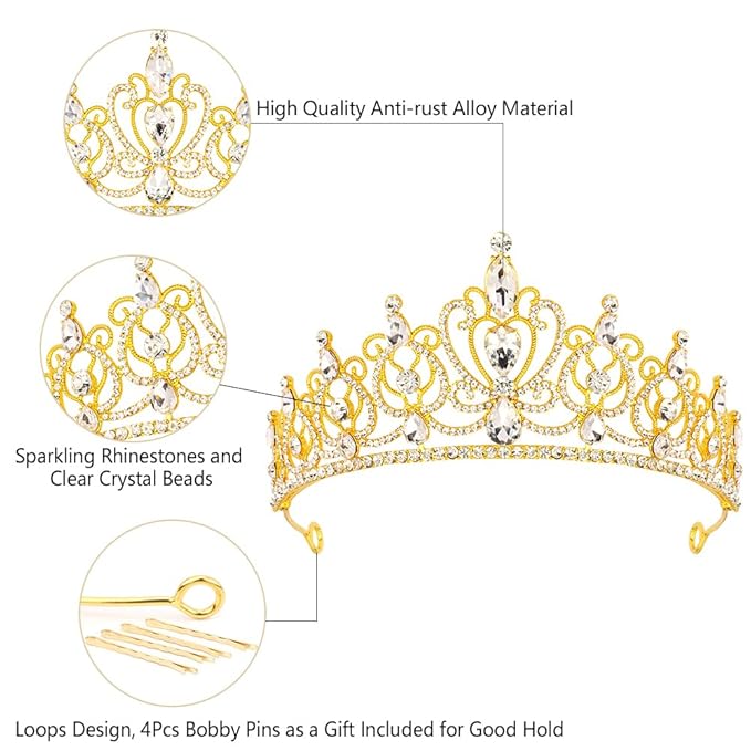 TODDER Gold Tiara for Women Girls Rhinestone Princess Queen Crowns Crystal Headband for Girls Wedding Hair Accessories for Bridal Birthday Party Prom Halloween Cosplay Holidays