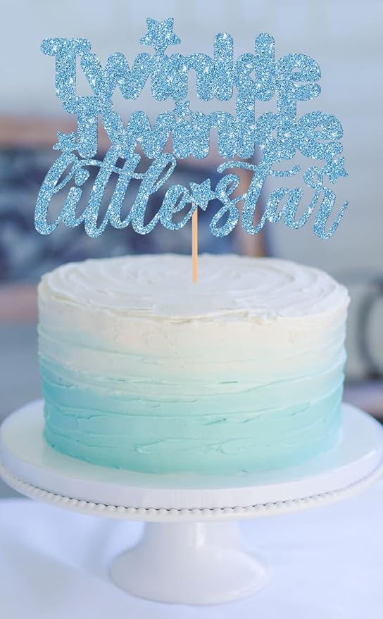 Twinkle Twinkle Little Star Cake Topper - Glitter Light Blue Baby Shower Party Cake Decoration, Perfect for Gender Reveal Party, 1st birthday Party or Photo Booth Props (Light Blue)