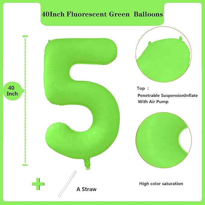 Fluorescent Green Number Balloon 40 inch Giant Foil Helium Balloons Green Number 5 Balloon for 5th Birthday Party Decorations
