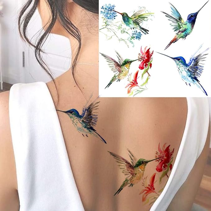 15 Sheets FANRUI 3D Watercolor Hummingbird Temporary Tattoos For Women Girl Small Multicolor Hummer Birds Tattoo Temporary Colorful Flower Fake Face Tatoo Kids Tiny Hands Waterproof Tatto Adult Tato