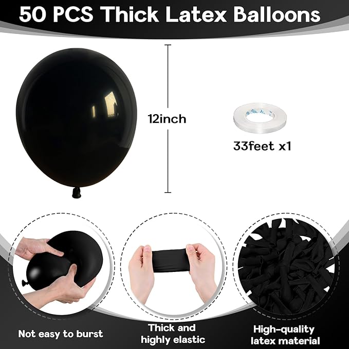 Black Balloons - 12 Inch, 50pcs Matte Black Latex Balloons for Arch, Birthday, Wedding, Baby Shower, Halloween, Graduation Parties