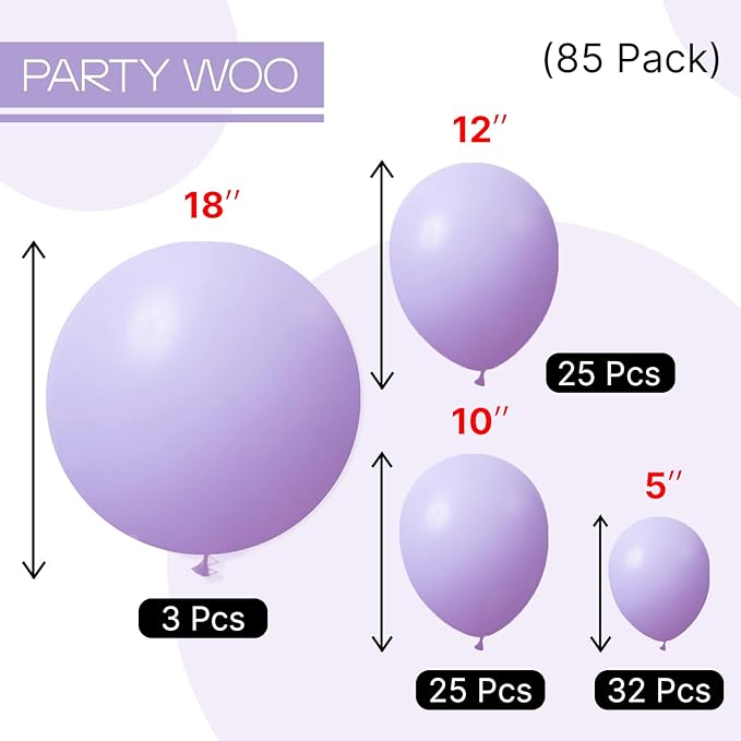 PartyWoo Lavender Balloons 85 pcs Purple Light Purple Different Sizes Pack of 18 12 10 5 Inch Pastel Purple Balloon Arch Kit Balloon Garland for Birthday Party Decorations Purple-Q10